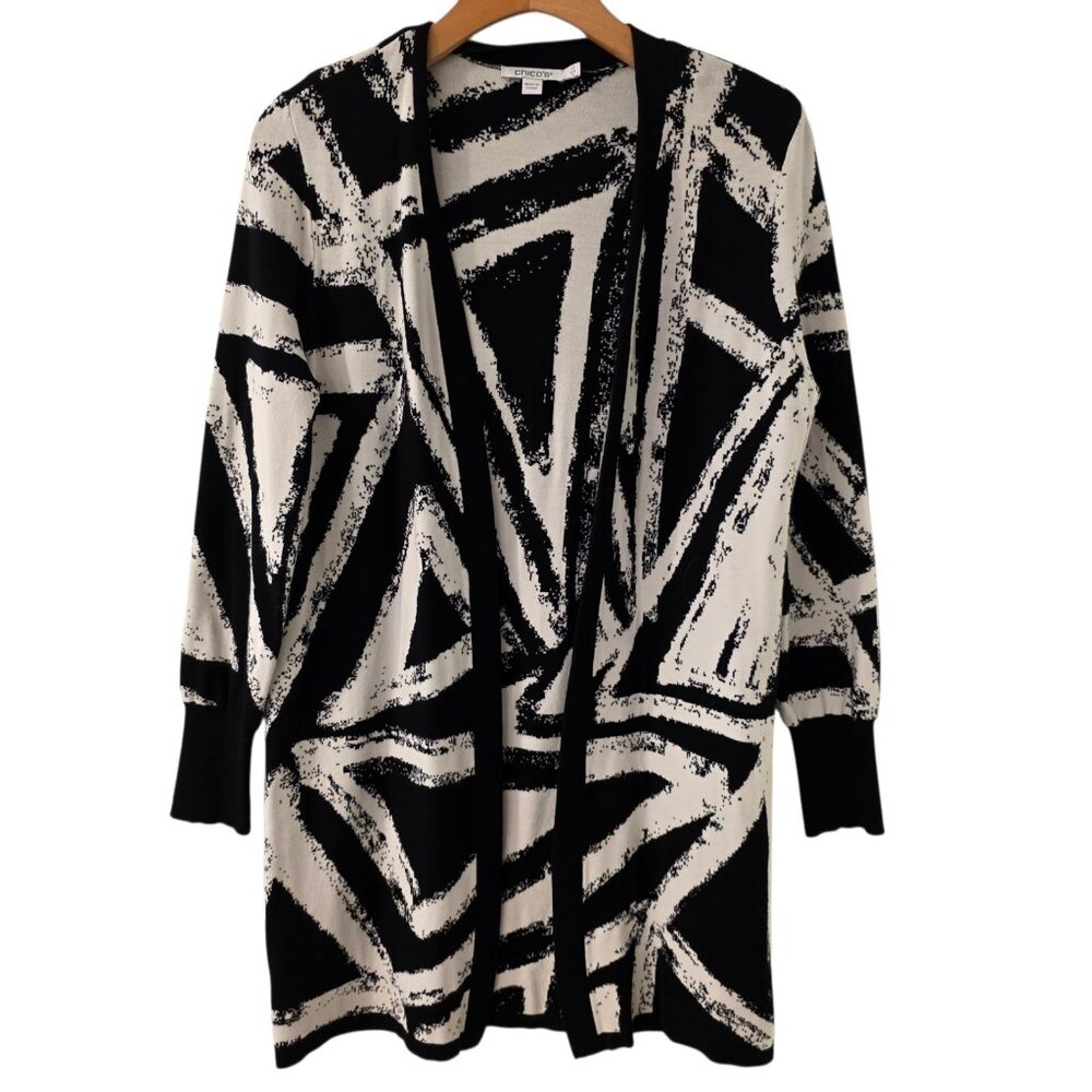 Chicos Open Front Cardigan Sweater Black White‎ Geometric Size S Classic